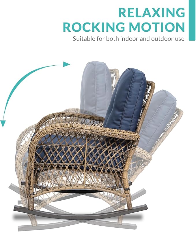 MEETWARM 4 Piece Outdoor Wicker Patio Set w/Glider Loveseat, 2 Chairs & Glass-Top Coffee Table, Thickened Cushions, Navy Blue