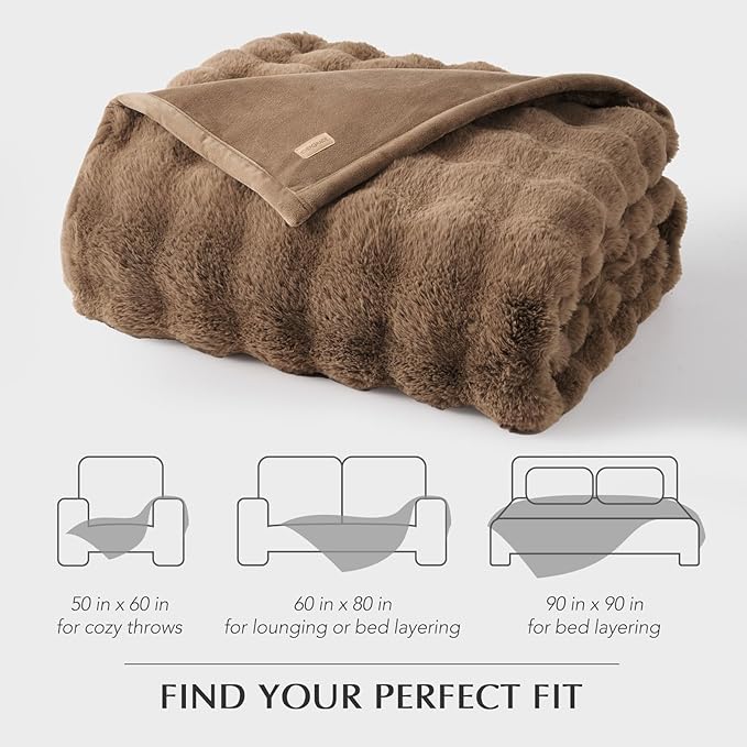 EverGrace Ultra Soft Luxury Fluffy Faux Rabbit Fur Throw Blanket, Thick Warm Bubble Throw for Bed, Cozy Plush Reversible Blankets for Couch, Chair, Sofa, Natural Tan, 90x90 Inches