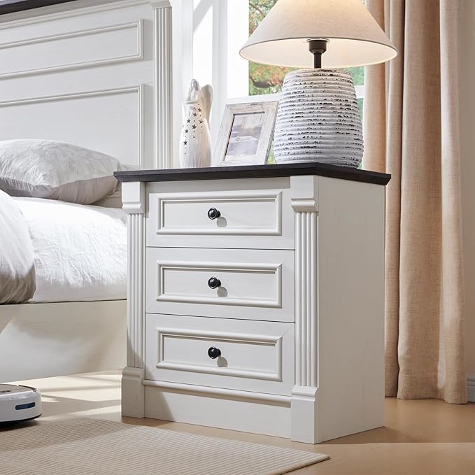 Aitjunz 26" Tall Farmhouse Nightstand, 3 Drawers End Table w/Charging Station, 23.6" Wide Large Side Table w/Roman Column, Wood Rustic Sofa Table for Bedroom, White by AITJUNZ