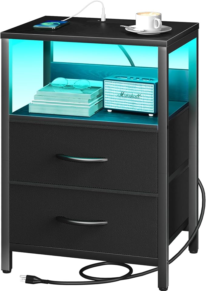 Yoobure Nightstand with Charging Station, LED Night Stand with Fabric Drawers and Storage Shelf for Bedroom, Nightstands Bedside Tables with USB Ports & Outlets, Small Night Stands, Bed Side Table by Yoobure