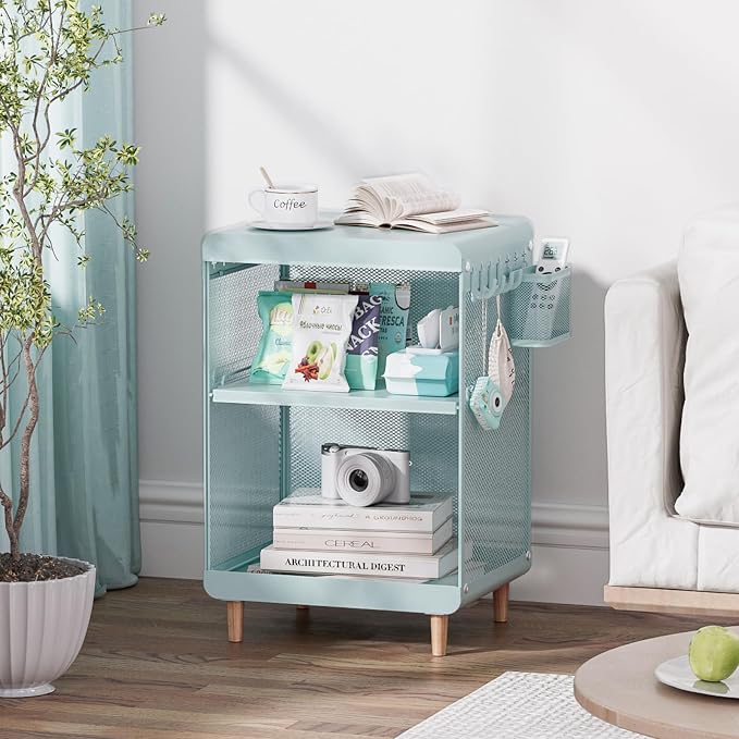 SYKIARIOL Kids Nightstand for Girls, Metal Bedside Table with 4 Hooks & Hanging Basket, 3-Tier Storage Shelf, Toddler Night Stand for Bedroom, Mint Green - Image 8