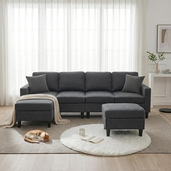 101" L-Shape Modular Sectional Couch, Convertible Linen Couch with 2 Ottomans, Modern 4 Seater Upholstered Modular Sectional Sofa for Apartment, Living Room, Charcoal Black