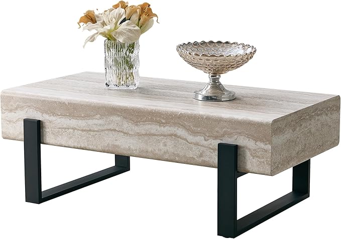 Modern Marble Coffee Table for Living Room Stone Travertine Coffee Tables Rectangle Center Table with Metal Legs
