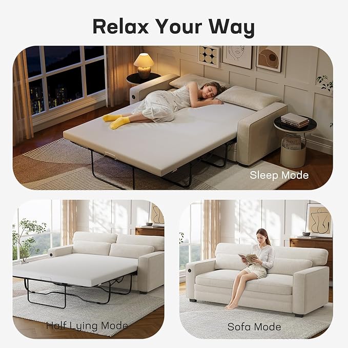 Marsail Pull Out Sofa Bed, Full Size Sleeper Sofa with Memory Foam Mattress, 2 USB Charging and Removable Covers, Loveseat for Living Room, Apartment, Supports 600 LBS, Chenille Fabric, White
