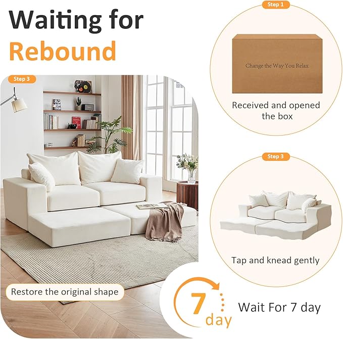 Modular Sectional Loveaeat Cloud Sofa, Boneless Couch with Non Slip Base, Modern Sleeper Sofa for Customizable Living Spaces, Cozy Modular Couch with L-Shape Chaise, Deep Seat & No Assembly, Beige