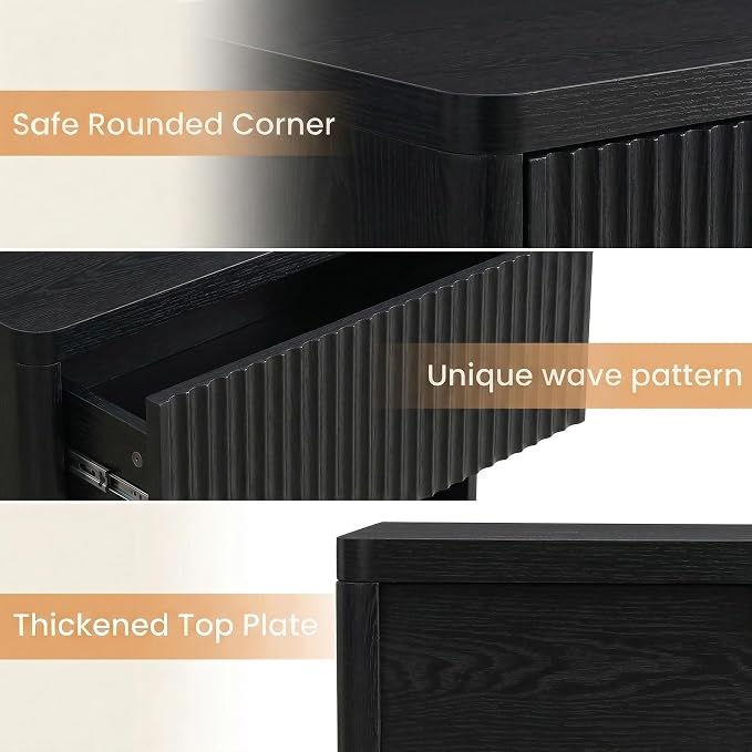 Yechen 23" W Black Fluted Nightstand with Hidden Drawer and Open Shelf, Lareg Mid Century Modern Bedside Table with Curved Profile, Wood Accent End Table for Bedroom - Image 4