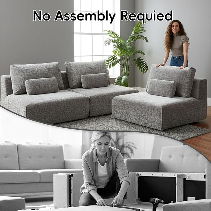 Modular Sectional Sofa, 2-Piece Grey Plush Velvet Loveseat Couch, No-Assembly Compressed Deep-Seat 2-Seat for Small Spaces Living Rooms Apartments