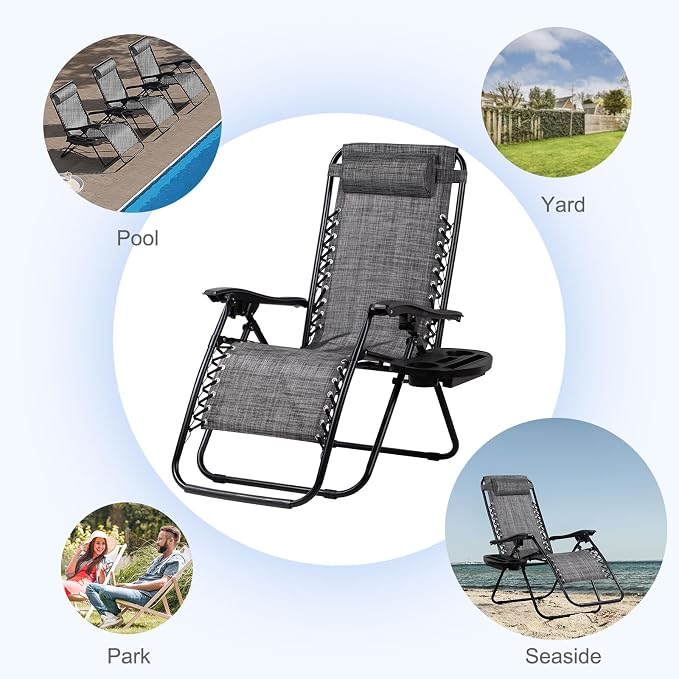 Nazhura Set of 2 Relaxing Recliners Patio Chairs Adjustable Steel Mesh Zero Gravity Lounge Chair Beach Chairs with Pillow and Cup Holder(Grey) - Image 5