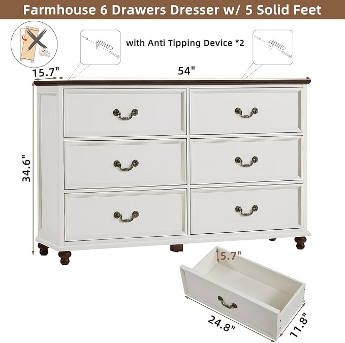Joaxswe Farmhouse 6 Drawers Dresser for Bedroom, Vintage 54" Wide Chest of Drawers w/ 4 Wooden Legs, Rustic Large Closet Storage Dressers Organizer for Hallway, Wood TV Stand for Living Room, White - Image 2