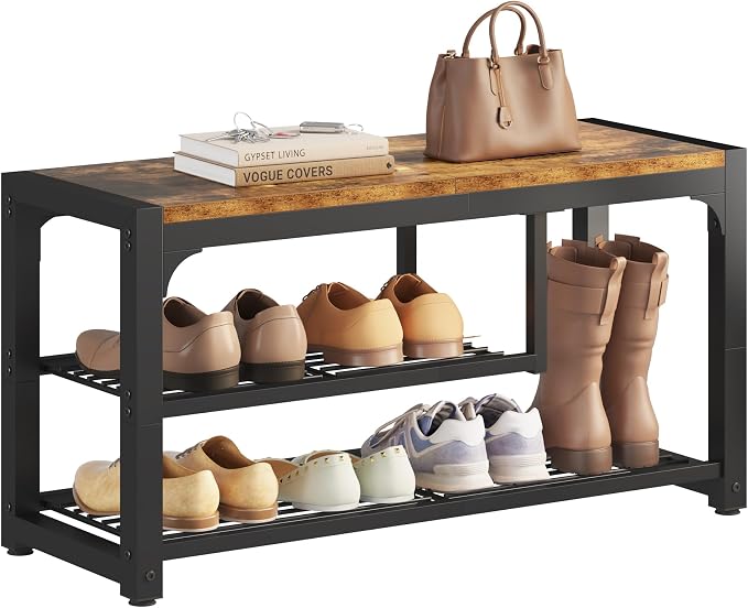 HOMEFORT Shoe Bench,3 Tiers Shoe Rack Bench,31.5" Shoe Storage Bench for Entryway, Retro Industrial Entry Bench with Mesh Shelves and Boot Storage,for Front Door Entrance, Rustic Brown by HOMEFORT