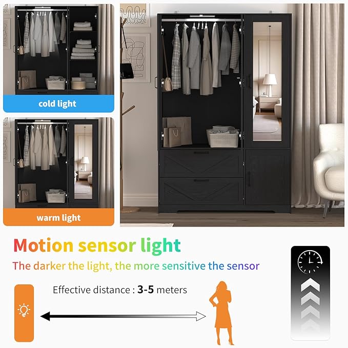 Armoire Wardrobe Closet with Drawers and Mirror, 72" Bedroom Wardrobe Cabinet with Motion Sensor Light, Hanging Rod & Adjustable Shelves, Bedroom Clothing Storage Closet with 3 Doors