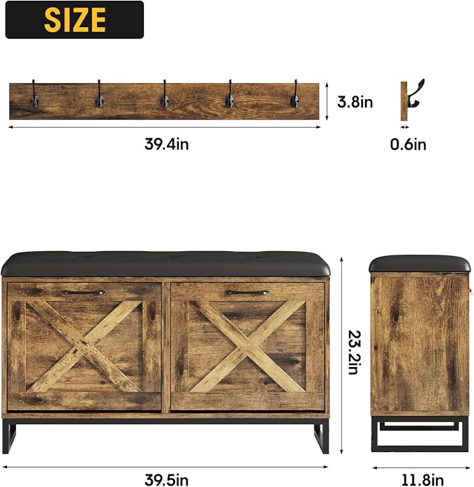 Maupvit Shoe Cabinet with 2 Flip Drawers & Coat Rack, Shoe Storage Bench with Seat Cushion for Entryway, 5 Large Sturdy Metal Hooks - with Locking Wall Parts, Farmhouse Brown - Image 2