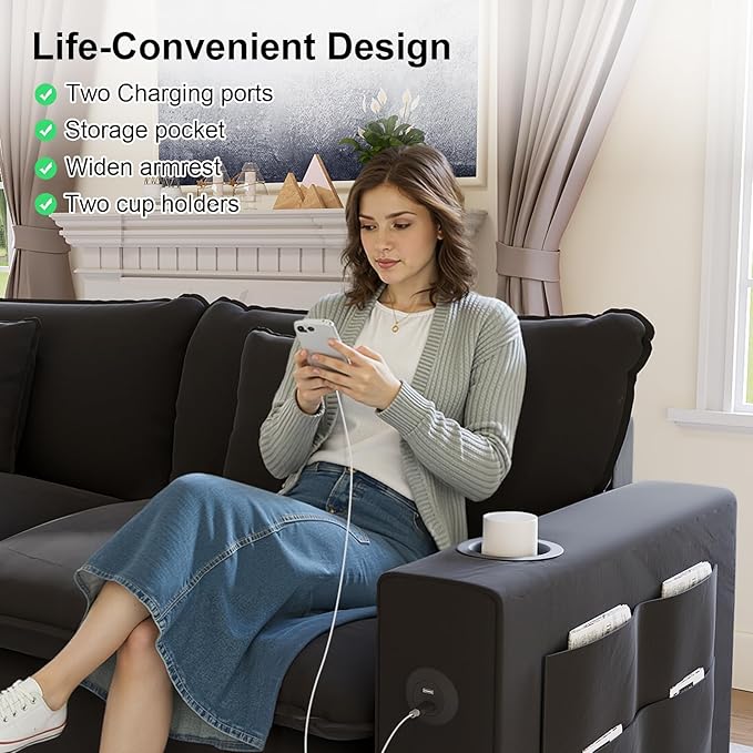 116" Modular Sectional Sofa, U Shaped Cloud Couch with Movable Ottoman, Chenille Deep Seat Cloud Sofa with Charging Station, Cup Holder, Side Pocket, Sectional Couches for Living Room, Black