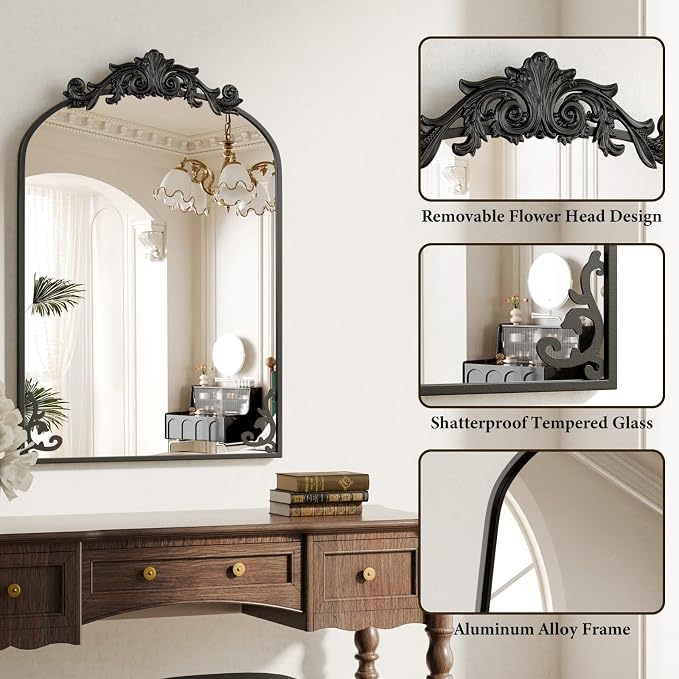 Koonmi Vintage Mirror, 24x36 Antique Barolon Bathroom Mirror for Wall,Flower Head, Shatter-Proof Tempered Glass, Arched Ornate Mirrors for Bedroom Bathroom Entryway Fireplace Hallway - Image 3