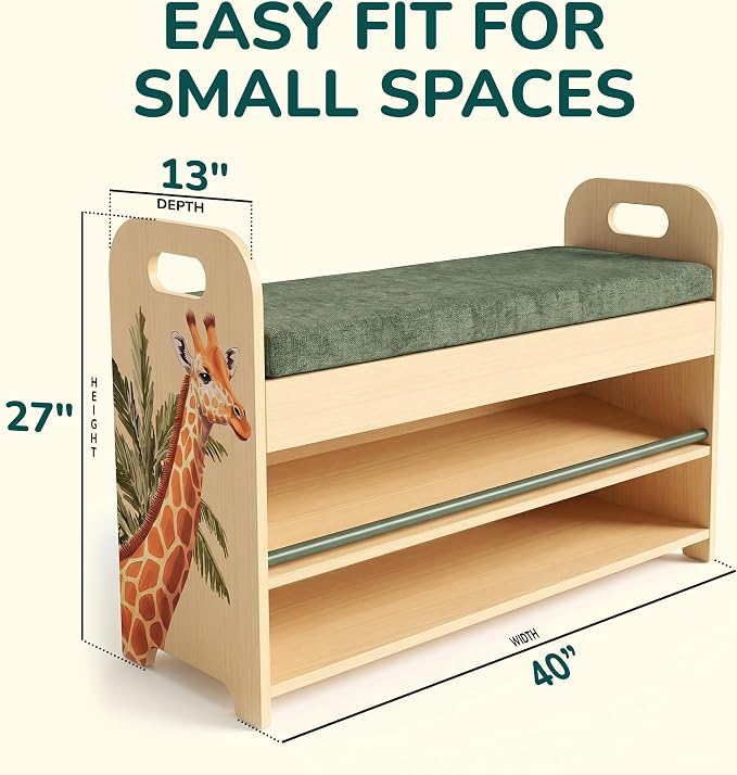 Kids & Toddler Shoe Rack with Bench Seat: Solid Pine Wood 2-Tier Shoe Organizer with Hidden Storage - Safari Giraffe Design Kids Furniture - Cushioned Seat, Rounded Safety Corners, Easy Assembly - Image 2
