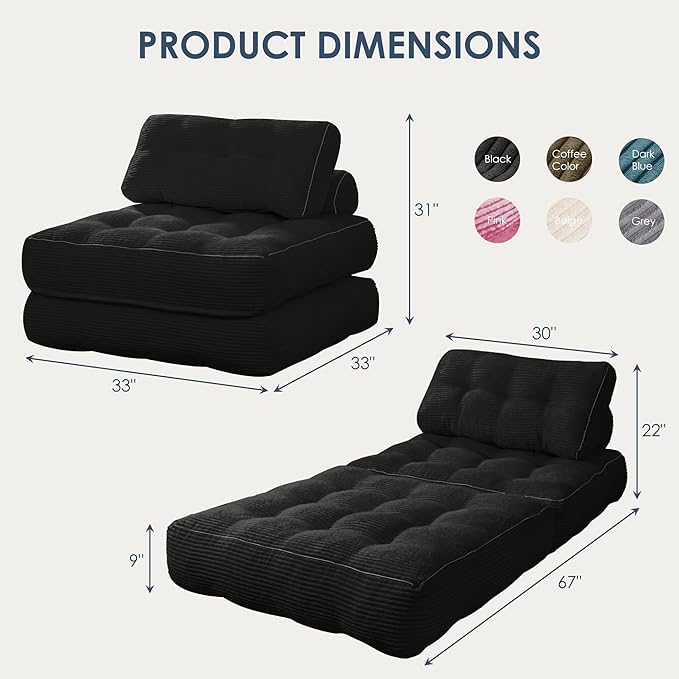 Folding Sofa Bed,Convertible Sleeper Chair for Adults, Folding Sofa Bed Foam Filling Couch with Pillow，Sleeper Chairs Single Size Floor Mattress,Black