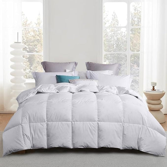 Martha Stewart 240 Thread Count White Goose Down and Feather Comforter - All Season Warmth Duvet Insert with Corner Tabs Made in USA - Full/Queen Size