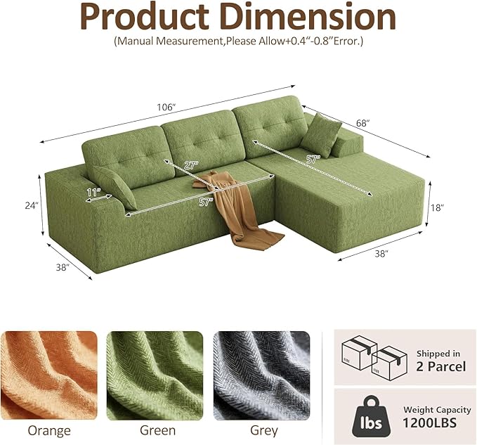 Ball & Cast 106''Modular Boneless Sectional Couch,Chenille Cloud Couch w/Wider Armrest and Pillow,Upholstered Convertible Comfy Sofa Couches for Living Room,High Weight Capacity,Right Facing(Green)