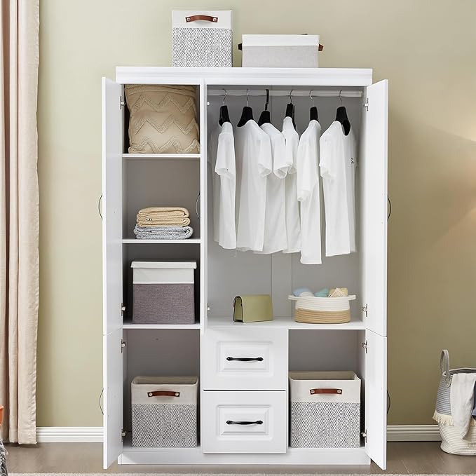 GraceGrove Armoire Wardrobe Closet with 3 Door Armoires and Wardrobes with 2 Drawers Tall Cabinet for Large Capacity, Closet Wardrobe Cabinet with Hanging Rail and Metal Handle for Bedroom White