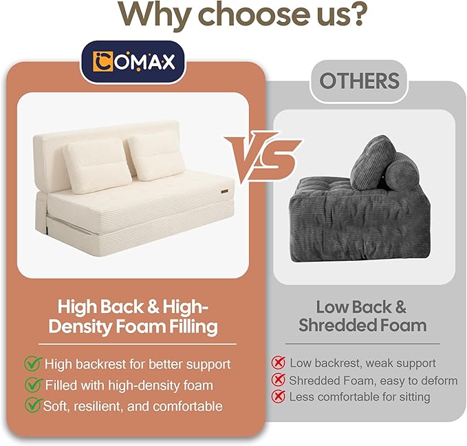 COMAX Folding Sofa Bed, Foldable Couch for Bedroom, Convertible Floor Sleeper Futon Chair Foam, Corduroy 3 in 1 Fold Out Chair Portable Comfy Lounge Couch Sofa Bed for Small Space, Full, Beige