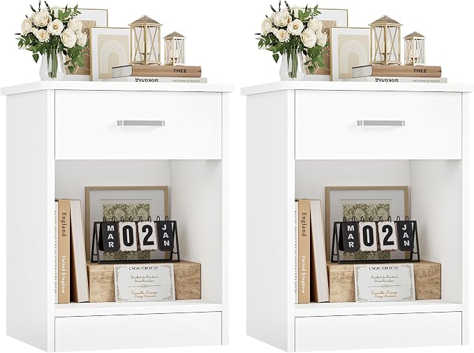 FOTOSOK Nightstand Set of 2, White Nightstand with Drawer and Storage Shelf, Bedside Table End Table, Modern Night Stand for Bedroom, Home Office,White by FOTOSOK