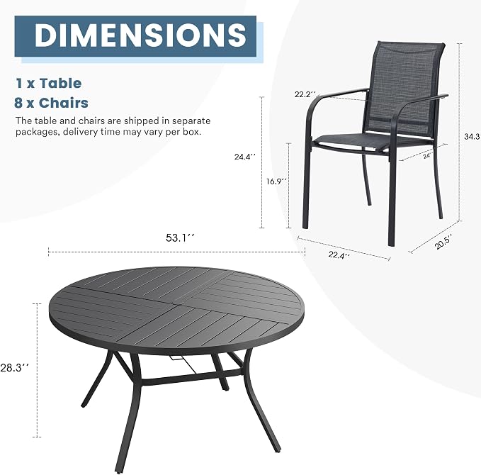 DIFY 9 Pieces Outdoor Patio Dining Set for 8, 53.1" Black Round Metal Dining Table and 8 Grey Stackable Textilene Patio Chairs, Outdoor Table and Chairs for Backyard Garden Poolside - Image 8
