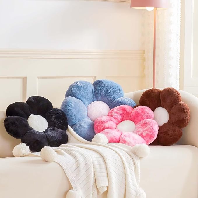 Kcvvcr Black Flower Pillow, Cute Decorative Flower Shaped Throw Pillow with Faux Rabbit Fur, 14.9" Soft Daisy Plush Floor Cushion Aesthetic Room Decor for Bed Sofa Couch