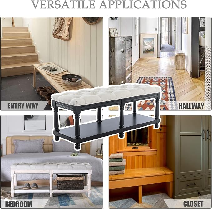 Kmax Storage Entryway Bench Tufted Shoe Rack Bench Black Wood Window Bench for Hallway Entrance Bedroom Corner, Beige - Image 6