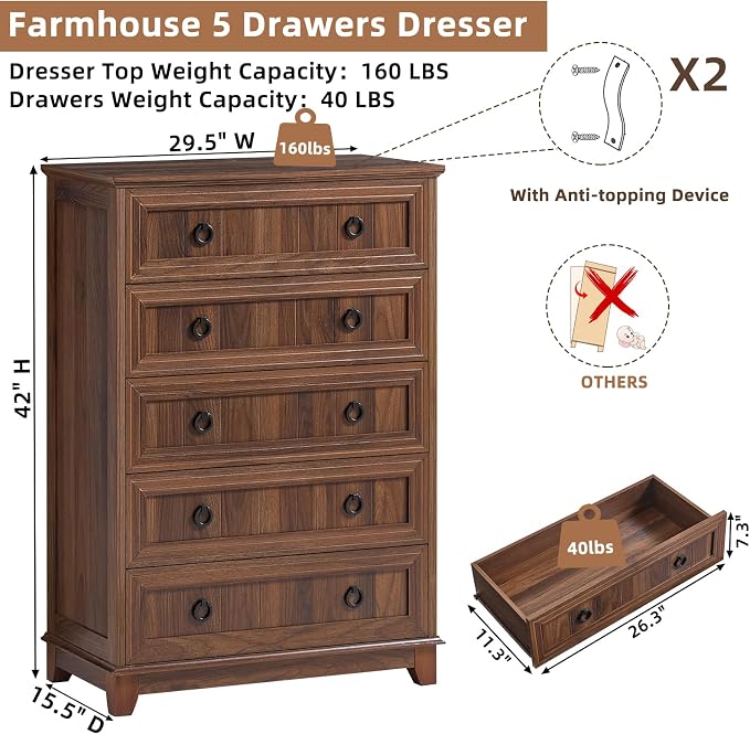 Joaxswe Farmhouse 5 Drawer Dresser for Bedroom Set of 2, 42" Tall Small Dressers & Chest of Drawers, Rustic Wood Dresser with Metal Handle, Storage Organizer Closet for Living Room, Hallway,Entryway - Image 2