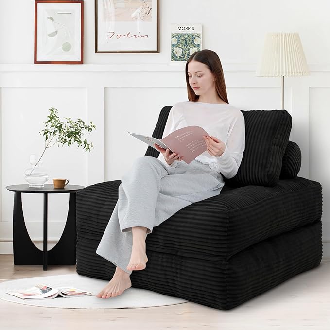 Folding Sofa Bed, Convertible Sleeper Chair with Pillow & Handle, Foldable Mattress Futon Chair Bed Lounge with Back Support, Comfy Floor Sofa for Living Room Bedroom, Black, Single