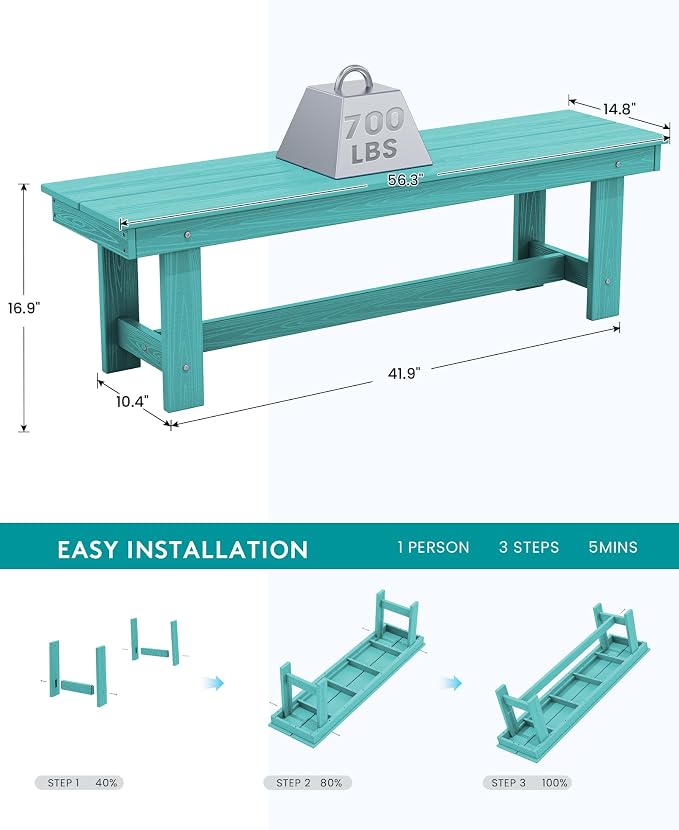 SERWALL Outdoor Dining Set for 6, HDPE Dining Furniture Set with Umbrella Hole Cut-Out Table and 1 Dining Bench and 4 Chairs, All Weather Outdoor Dining Bench Sets, Aruba - Image 5