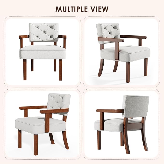 Modern Accent Chairs Set of 2,Butacas para Sala,Mid Century Small Arm Chair,Upholstered Wooden Chairs with Arm Rest,Tufted Backrest,Cushion, for Office,Waiting/Reading/Living Room, Beige