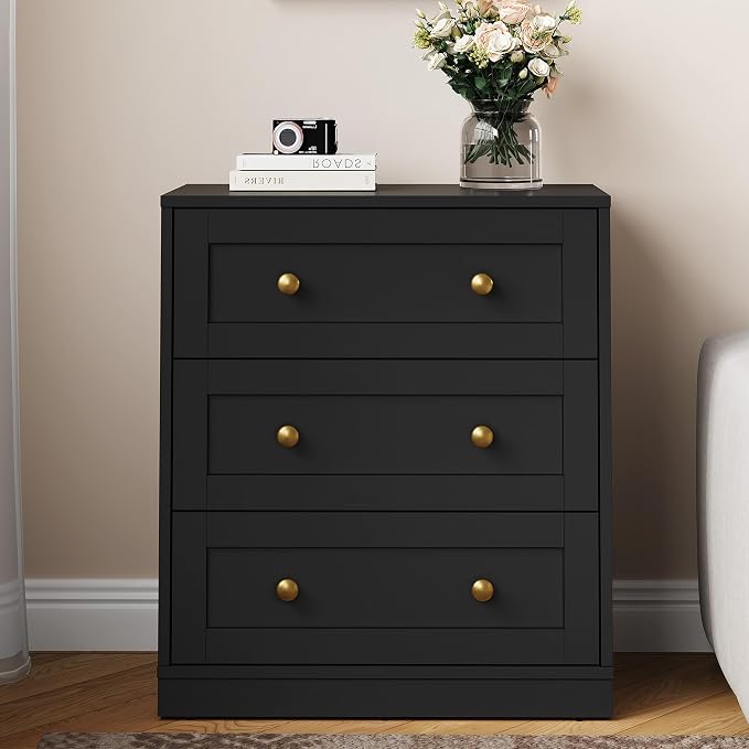 RoyalCraft Black 3 Drawer Dresser, Small Dresser for Bedroom, Wood Nightstand with Drawers, Modern Chest of Drawers for Closet, Living Room, Entryway by Bringyoubetterlife