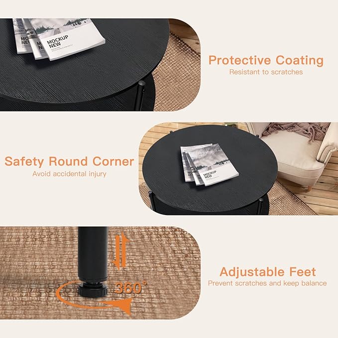 Coffee Table, 2 Tiers Round Coffee Table, Black Modern Coffee Table for Living Room, Small Space Friendly (Sturdy Metal Frame, Easy Assembly) 27.5x17.7in