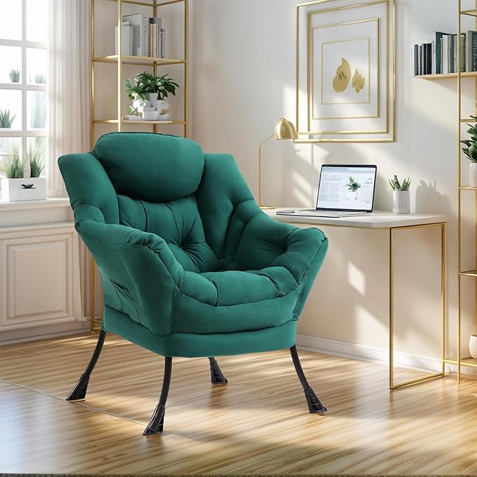 Furlide Lazy Chair for Living Room, Modern Accent Chairs with Armrests, Dark Green Armchairs with Side Pocket, Cozy Lazy Sofa for Reading, Balcony, Bedroom, Dorm, Small Spaces