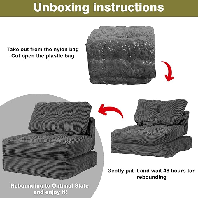 Art3d Folding Sofa Bed, Convertible Sleeper Sofa Bed with Pilow & Back Support, 3 in 1 Long Futon Boneless Couch, Comfy Floor Couch for Living Room, Bedroom, Dark Gray