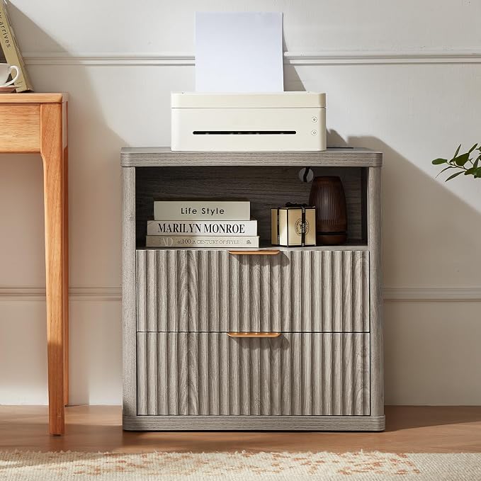 LEYAOYAO Fluted Farmhouse Nightstand Set of 2 with Charging Station, 23" Wide 2 Drawers End Table,Grey Dresser for Bedroom,Bed Side Table Chest of Drawers Cabinet,Wood Night Stand for Living Room - Image 9