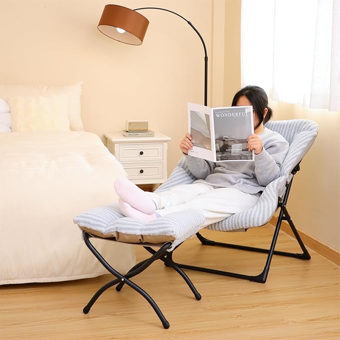 Comfy Saucer Chair for Adults, Soft Faux Fur Bedroom Chair, Accent Dorm Chairs, Flexible Living Room Reading Chairs, Oversized Folding Seat for Teens, X-Large, Stripe Grey