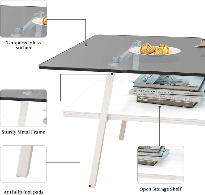 IANIYA Glass Coffee Table for Living Room Small Gold Mid Century Coffee Table for Living Room with Wood Shelves (White Frame, Gray Glass + White Wood)