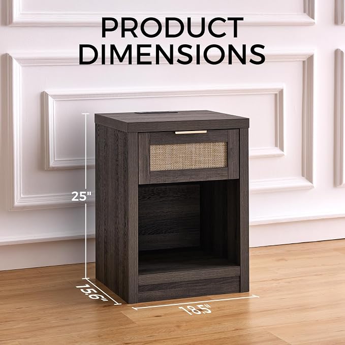Walsham Night Stand Set 2, Rattan Nightstand with Charging Station, Modern End Table with Drawers, Bed Side Tables Set of 2 for Bedroom Living Room Sofa Couch Office (Midnight Oak) - Image 2