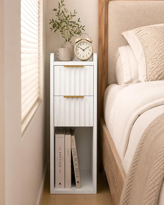 Narrow Nightstand Set of 2, 7.9" Wood Nightstands w/Fluted 2 Drawer, Slim Bed Side End Table Small Spaces Modern Skinny Wooden Night Stand for Bedroom, Living Room, White - Image 3