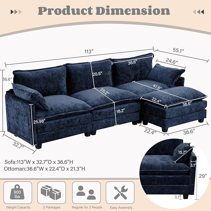 Modular Sectional Cloud Couch, 3 Seat Convertible Sectional Couches Sofa with Ottoman, Convertible L-Shape Cloud Sectionals Couches for Living Room, Apartment, Blue