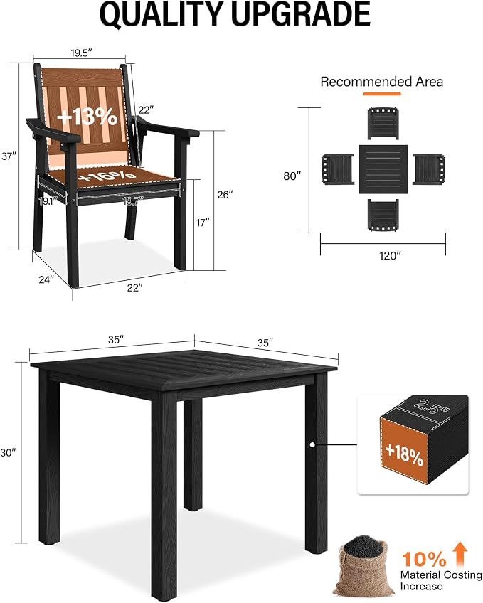 YEFU HIPS Patio Table Set: 5 Piece Outdoor Square Table and Chairs with Metal Aluminum Frame - Black Modern Plastic Patio Dining Furniture Set 4 Person for Outside Deck - Image 5