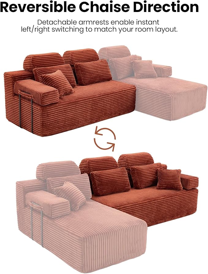 104" L-Shaped Cloud Modular Sectional Sofa with Chaise & Headrest, Boneless Deep Seat Plush Corduroy Couches for Large Living Room, No Assembly Required (Orange, 104" L-shapred Chaise)