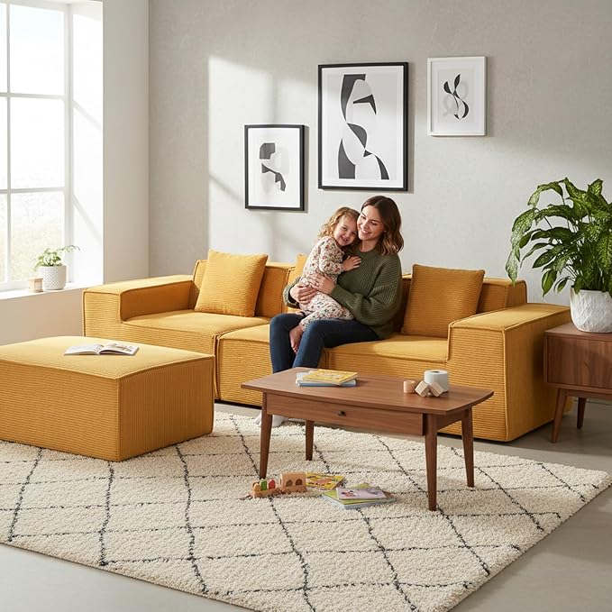Compressed Sofa L Sectional, 112" Modular Cloud Couch with Ottoman, 23.2" Deep Seat Corduroy High-Back L-Shaped Sectional for Living Room/Bedroom, No Assembly, Ginger Yellow