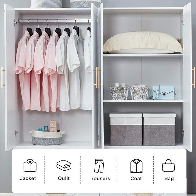 Wooden Armoire Wardrobe Closet：Large Wardrobe Closet with 2 Doors, 2 Drawers for Tall Cabinet, Wardrobe Cabinet for Bedroom with Hanging Rods, Golden Handle, White