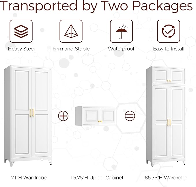 Metal Armoire Wardrobe Closet with Doors, 86" Tall Wardrobe Cabinet, White Clothing Storage Cabinets with Adjustable Shelves for Bedroom, Home Office
