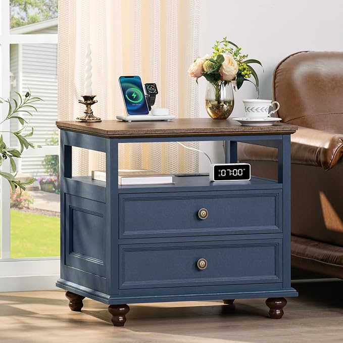 Joaxswe Farmhouse Nightstand Set of 2 with Charging Station, 24" Wide End Table with 2 Drawers,Wood Dresser for Bedroom,Bed Side Table Chest of Drawers Cabinet,Navy BlueNight Stand for Living Room - Image 7