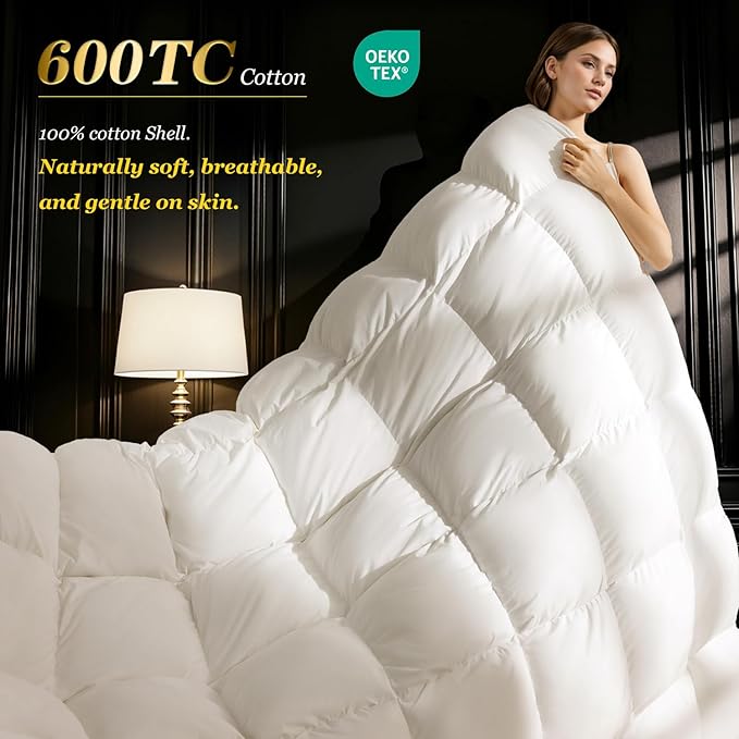 75% Canadian Goose Down Comforter Oversized King Size, Ultra Soft 100% Cotton Fabric, 850 Fill Power All Season Duvet Insert, Hotel Luxury Bedding Comforters (White,120"x98")