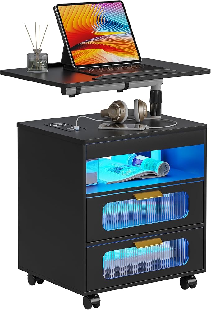 HNEBC Nightstand with Wireless Charging Station, LED Nightstand Has Adjustable Rotary Workstation,Smart Night Stand with 2 Drawers,Modern Bedside Table for Bedroom, Sensor Light/Wheel (Black) - Image 10